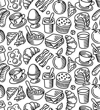 Kafe, restoran ve internet menüleri için kıtasal kahvaltı vektörü kusursuz desen. Siyah beyaza.