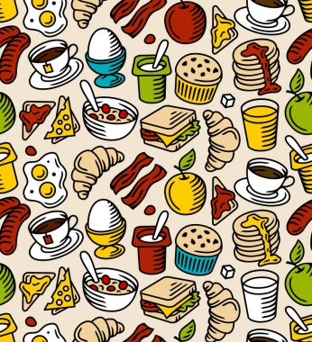 Kafe, restoran ve internet menüleri için kıtasal kahvaltı vektörü pürüzsüz desen.