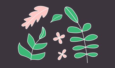 El yapımı bitkiler. Sketchy dal, çiçekler ve klitoris elementleri bırakır. Bitkileri birleştirin. Beyaz arkaplanda izole edilmiş minimal karalama çizimi. Stok vektör illüstrasyonu.