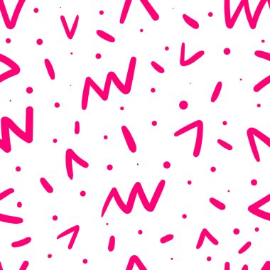 Soyut kaotik pembe, pürüzsüz desen. Noktalar ve çizgilerle çizilmiş zik zaklar. Geometrik Memphis stili en az moda tarzında kusursuz desen. Paketleme, tekstil, kart tasarımı. Vektör illüstrasyonu.