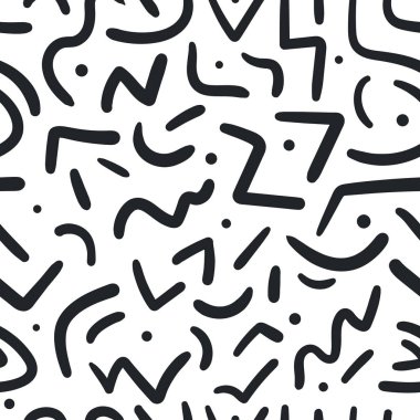 Abstract ethnic seamless pattern with zig zags, rounded arc lines and dots. Retro Memphis style background. Doodle pattern hand drawn pen, ink. Vector illustration surface design for wrapping, textile clipart