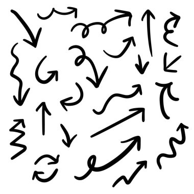 Vektör el çizilmiş oklar ayarlandı. Kalem kavisli oklar. Elle boyanmış siyah çizim, dağcı oku elementleri beyaza izole edilmiş. Kartlar, çıkartmalar ve internet için tasarım. Stok vektör illüstrasyonu.