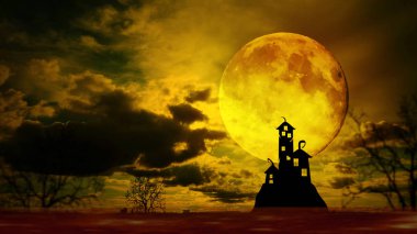 Dramatik gökyüzü, ağaç, dolunay ve bulutlar, sıcak karanlık Kalesi 