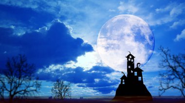 Cadılar Bayramı; dramatik gökyüzü, dolunay ve bulutlar karanlık Kalesi.