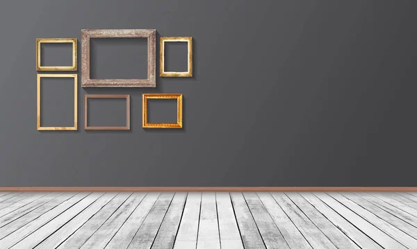 Ensemble de cadre en bois vintage doré sur mur, Plancher à planches . — Photo