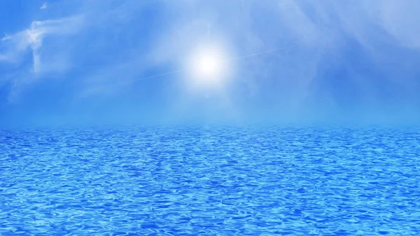 Mar azul, oceano com ondas e céu azul claro raio de luz solar e — Fotografia de Stock