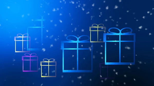 Різдвяний синій фон з подарунковими коробками та сніжинками падає — стокове фото