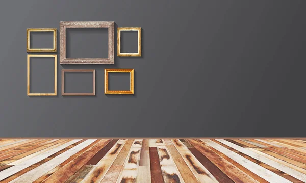 Conjunto de moldura de madeira vintage dourada na parede, piso de madeira de prancha . — Fotografia de Stock