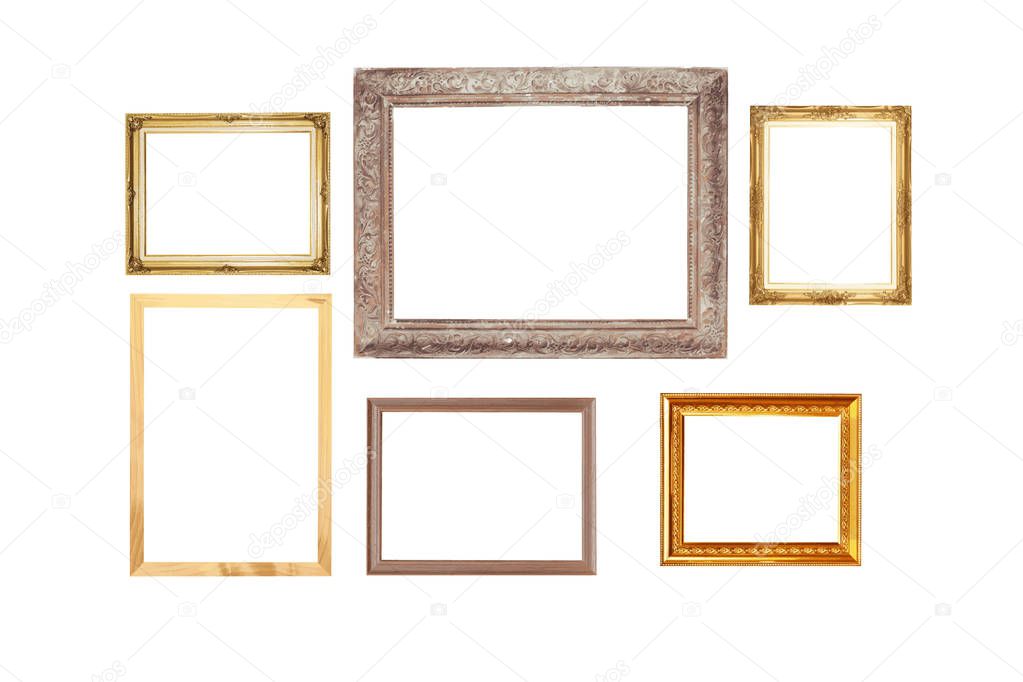 Set of golden vintage wood frame, isolated on white background.