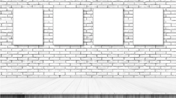 Pavimento de madeira de prancha branca e fundo de parede de tijolo branco vazio . — Fotografia de Stock