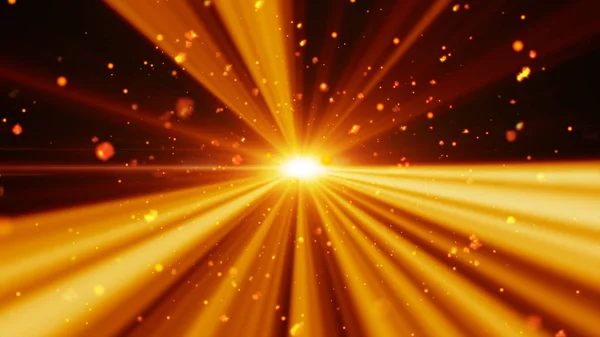 Letící částice zlatý a oheň ve světle paprsky pozadí. — Stock fotografie