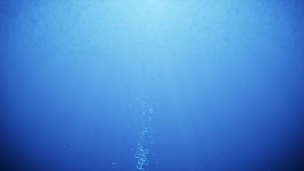 Blue ocean waves from underwater with bubbles. Light beam rays s
