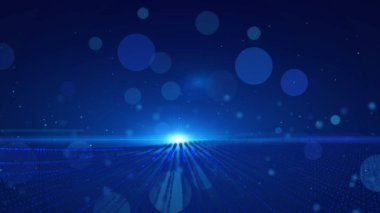 Koyu mavi arka plan hareketli ve titreme parçacıklar formu ile. Zemin bokeh ışık ray etkisi.