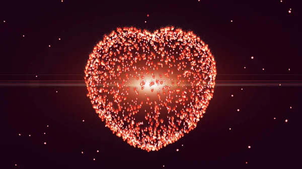 Explosão de partículas em forma de coração rosa vermelho e voo, backg escuro — Fotografia de Stock