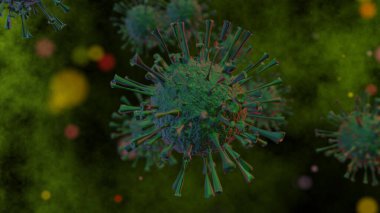 3D Rendering, Realistik of green cells, the severe acute respiratory syndrome coronavirus 2 (SARS-CoV-2) eski adıyla covid-2019, 2019-nCoV. Koyu yeşil sırtı