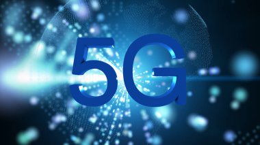 5G teknolojisi, gelişmiş teknoloji iletişimi, beşinci nesil teknoloji iletişimi. Dünya arka planda dönüyor.