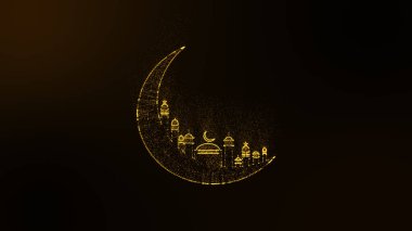 Altının soyut arkaplanı parlayan parçacıklar, Arapça camii Ramazan Kareem ile hilal oluşturuyor. Logonuzda ya da başlığınızda kullanılabilir. Soyut parlayan hilal