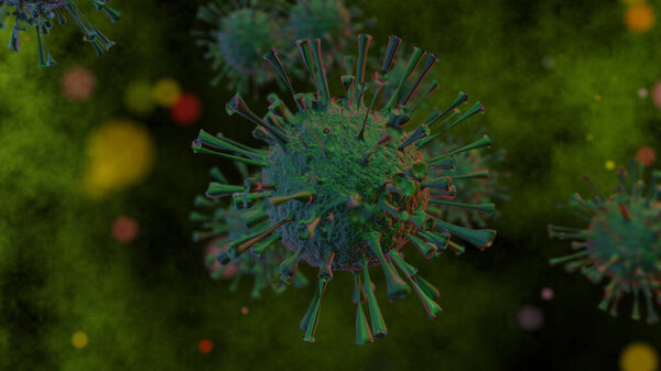 3D Rendering, Realistic of green cells the severe acute respiratory syndrome coronavirus 2 (SARS-CoV-2) formerly known as covid-2019, 2019-nCoV. Dark and green backgroun