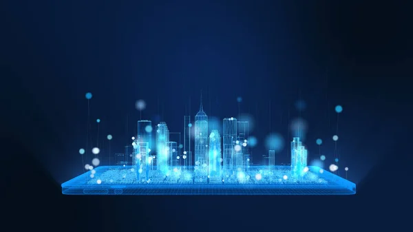 3D渲染 明亮的数字平板和城市线框中明亮的蓝色和白色颗粒 球状颗粒线上升 数字技术和通信概念 — 图库照片