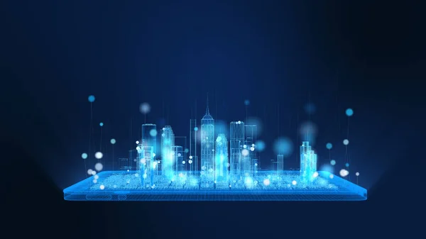 3D Rendering, bright digital tablet and city wireframe in bright blue and white colors particles, Sphere particle line rise up. Digital technology and communication concept