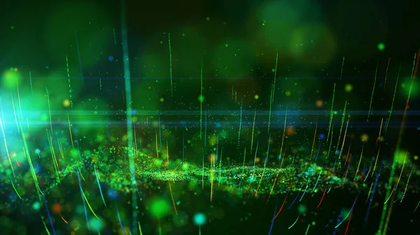 Abstrakter Hintergrund Leuchtet Grün Und Bunte Staubpartikel Glühen Winken Und — Stockfoto
