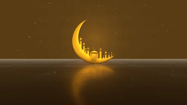 Rendering Ramadan Kareem Med Gyllene Månen Moskén Ljus Skugga Guld Stockbild