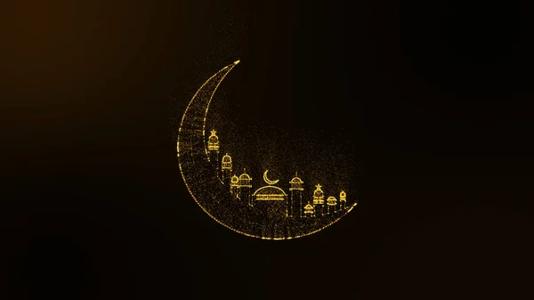 动画的抽象背景黄金闪光的粒子创造了一个新月形与清真寺阿拉伯 拉马丹 卡里姆 可与您的标志或标题一起使用 摘要发亮的月牙 图库图片