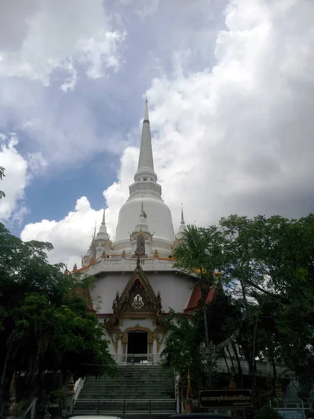 Bulutlu Gökyüzü Etrafında Bir Ağaç Olan Beyaz Pagoda — Stok fotoğraf