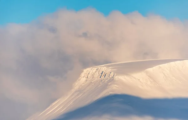 Snow Covered Mountain Top Emerges Cloud Light Blue Sky — 스톡 사진