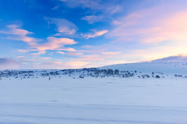 Arctic Landscape Pink Clouds Clear Blue Sky Sunset Approaches Snow — 스톡 사진