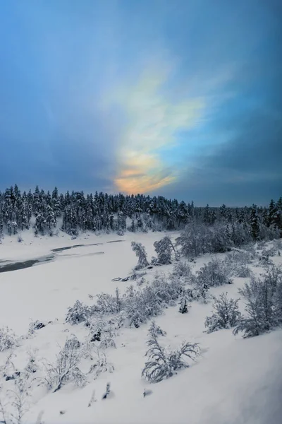 Snow Covered Trees Hill Overlooking Small Valley Beautiful Sky — 스톡 사진