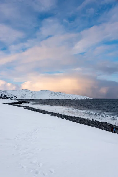 Footstep Snow Covered Beach Lead Sea Arctic Circle Two Small — 스톡 사진