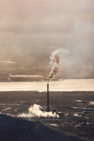 Mining Industrial Complex Chimney Spewing Smoke Forest Next Frozen River — Stock Photo, Image