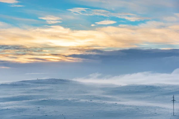 Snow Covered Arctic Landscape Power Line Pylon Bottom Right Symbolizing — 스톡 사진