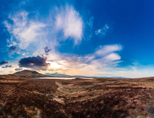 Scottish Highlands Panorama Lake Loch Horizon Reflecting Sunlight Blue Sky — Stock Photo, Image