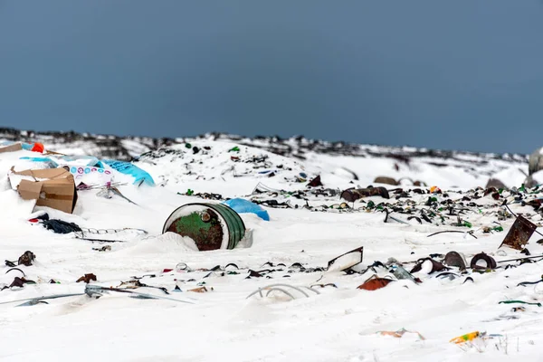 Teriberka (Murmansk), Rusya - 02 16 2019: Arktik kardaki yasadışı çöplük el değmemiş çevreyi kirletiyor