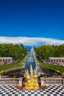 Saint Petersburg, Rusya - 04 02 2017: Peterhof 'taki Samson Çeşmesi ve Deniz Kanalı, Rus Çarı Yaz Sarayı ve Petergof' taki ikametgah,
