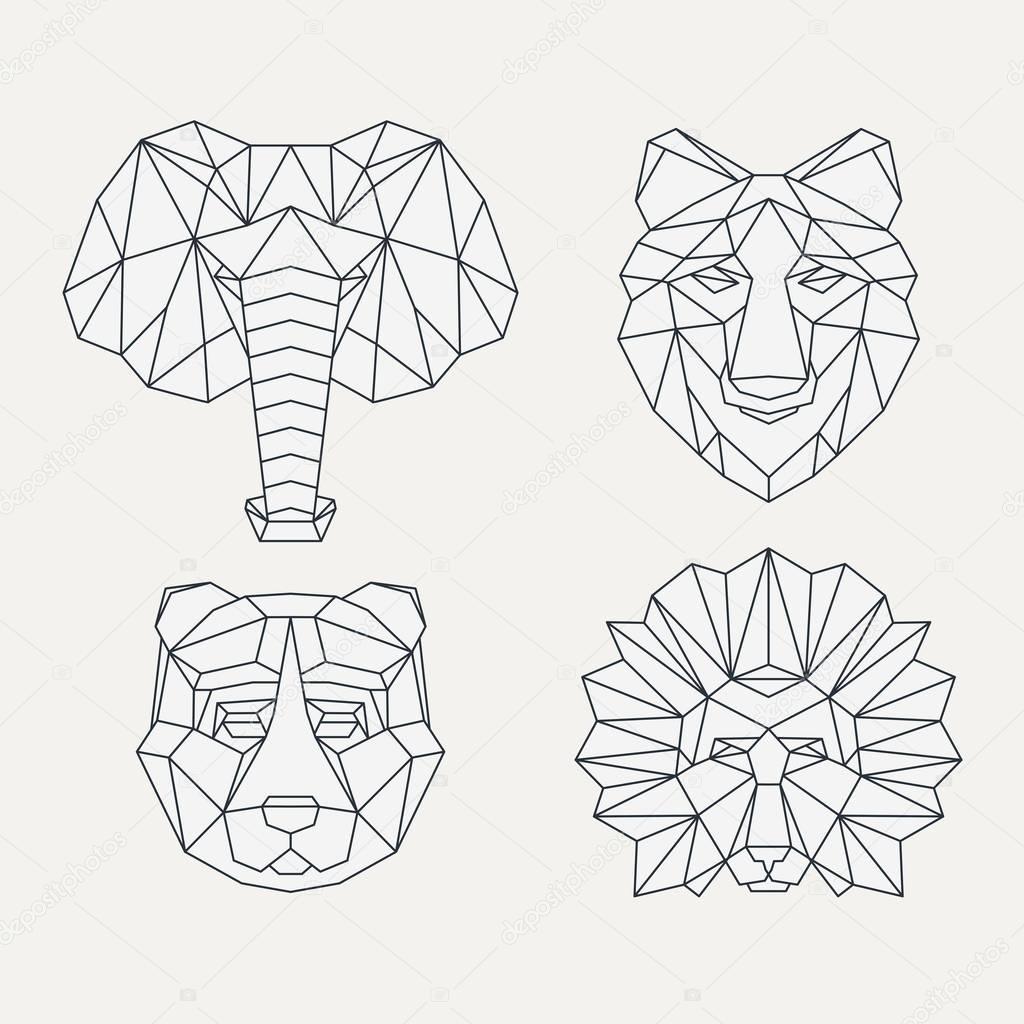 Polygonal geometric wolf, elephant, bear, lion. Abstract linear isolated animals Vector illustration