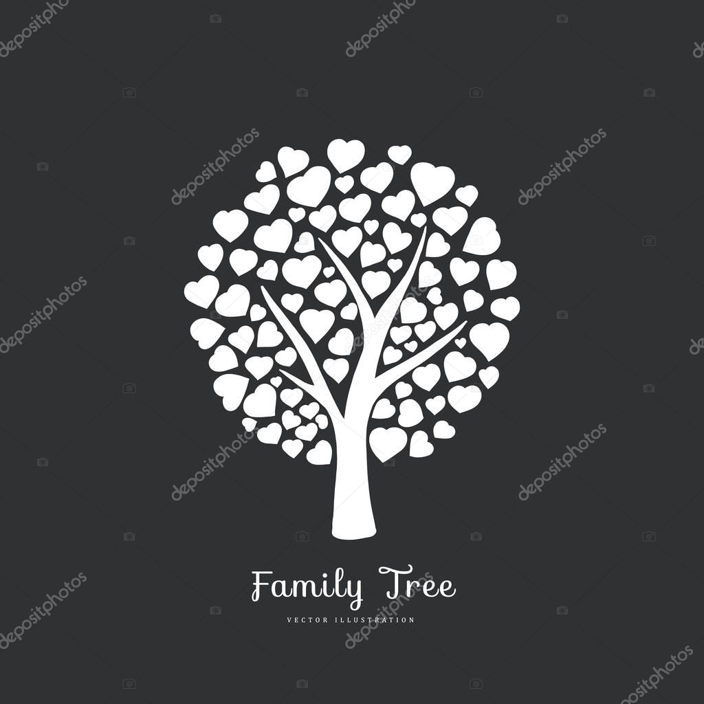 Love tree with heart shaped leaf. Nature. Vector monochrome silhouette illustration. Black and white color.