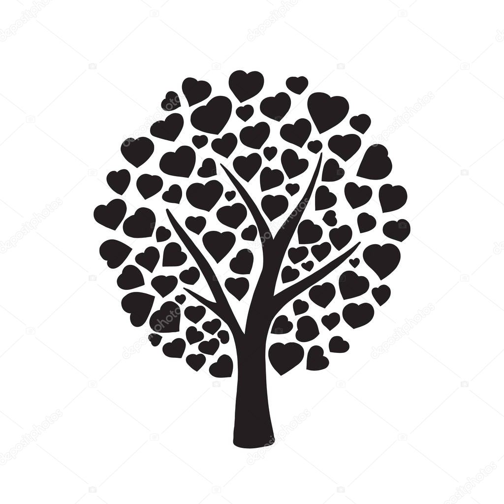 Love tree with hearts shaped leaf on white background. Nature. Beautiful vector monochrome silhouette illustration.