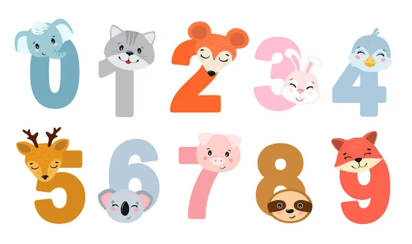 Set di numeri di bambini con animali . — Vettoriale Stock