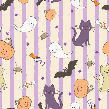 Cadılar bayramı partisi için hayvanlı ve hayaletli kusursuz vektör deseni