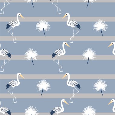 Leylekler ile Kusursuz Vektör Tropikal Deseni, karahindiba çiçekleri ve çizgili baskı, tekstil, dekorasyon, kumaş, kırtasiye