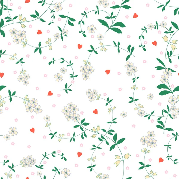 Motif Floral Vectoriel Sans Couture Avec Des Fleurs Des Cœurs — Image vectorielle