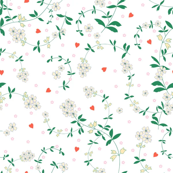 Vector Sin Costura Patrón Floral Con Flores Corazones Para Decoración — Vector de stock