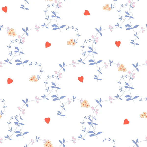 Motif Vectoriel Sans Couture Avec Petites Fleurs Branches Coeurs Pour — Image vectorielle