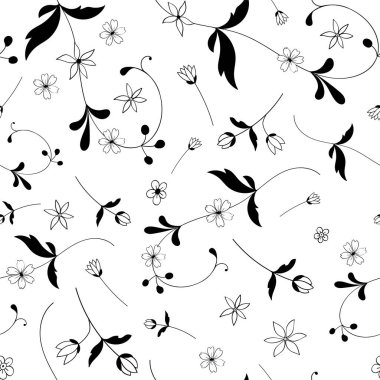 Dekorasyon, baskı, tekstil, kırtasiye, kumaş için siyah beyaz basit ve şirin çiçeklerle kusursuz vektör deseni.