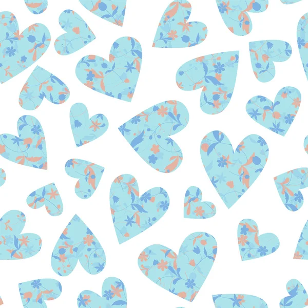 Patrón Vectores Sin Costura Con Corazones Azules Fondo Floral Para — Vector de stock