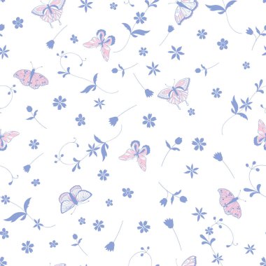 Süsleme, baskı, tekstil, kumaş, kırtasiye için mavi çiçekli ve kelebekli kusursuz vektör deseni