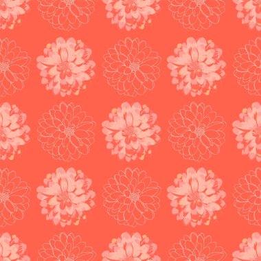 Dekorasyon, baskı, tekstil, kumaş, kırtasiye için mercan zeminli büyük kırmızı dalia çiçekleriyle kusursuz vektör deseni.